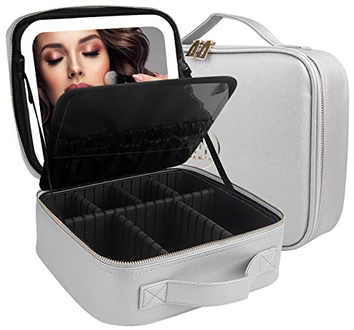 MOMIRA Reise-Make-up-Tasche Kosmetiktasche mit beleuchtetem Spiegel, Einstellbarer Helligkeit in 3 Farbszenarien, wasserdichte Makeup-Trainingsbox, Geschenk für Frauen - Silber