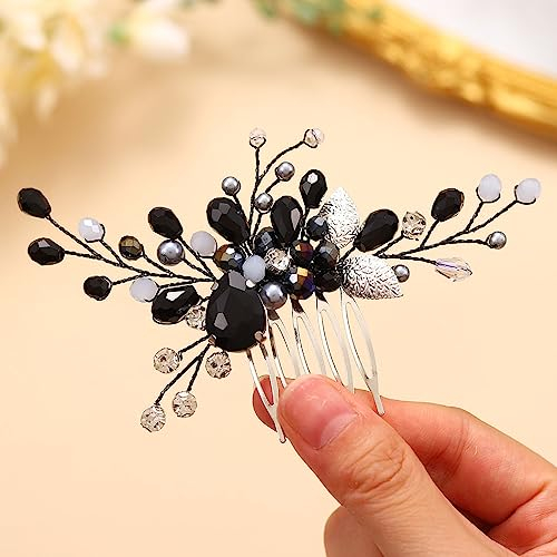 Edary Peine para el pelo de novia negro con cuentas de cristal, accesorio para el cabello para mujeres y niñas