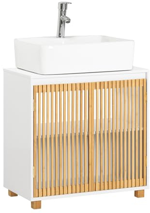 SoBuy Waschbeckenunterschrank mit Siphonöffnung 60x60x33 cm für Badezimmer | Badezimmerschrank mit Durchbrochenen Bambustüren, Waschtischunterschrank für Waschtisch, Unterschrank, Weiß-Natur BZR125-W