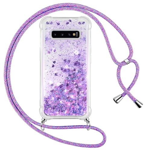 Vauki handyband für Samsung Galaxy S10 Hülle mit Band, Silikon Durchsichtig Transparent Flüssig Glitzer mit Kette Kordel Treibsand Necklace TPU Schutzhülle Case für Samsung S10, Lila
