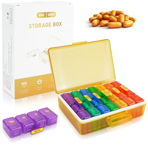 RETON pastillero semanal 4 tomas, pastillero semanal portátil, pastilleros grandes semanales con 28 compartimentos grandes para vitaminas, medicamentos, suplementos