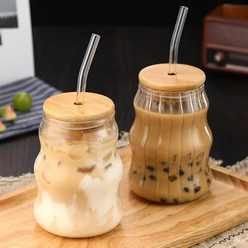 Neegaurd Lot de 2 verres à bulles - 530 ml - Verres nervurés créatifs avec couvercle en bambou et paille - Verres à latte macchiato cappuccino - Verres à café - Verres à cocktail