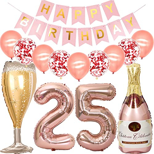 Feelairy Luftballon 25. Geburtstag Deko Frau, Rosegold Folienballon Weinflasche Sektflasche Helium Ballon Champagner Flasche, Girlande Happy Birthday Deko für Geburtstagsdeko 25 Jahre Frauen
