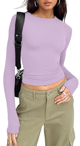 OOHOKAY Camiseta de manga larga para mujer, básica, Y2K, corte ajustado, elegante, elástica, manga larga, ropa de calle, Violeta claro-l1, XL