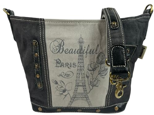 SUNSA Damen Canvas Leder Crossbody Bag. Vintage Umhängetasche, grau schwarz | Schultertasche mit verstellbaren Gurt. Damentasche für Freizeit, Alltag. Robuste & praktische Tasche für Paris Liebhaber