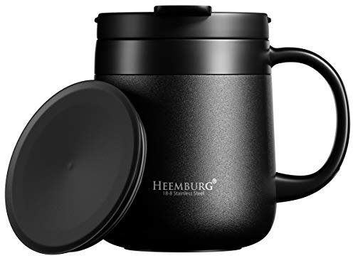 HEEMBURG Thermo-Kaffeebecher mit Henkel, doppelwandig vakuum-isoliert, Edelstahl 18/8, inkl. 2 Deckeln, rutschfester Boden, ideal für Büro oder Arbeitsplatz