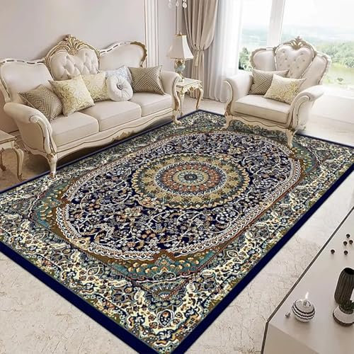 AAFUOO Tappeto orientale floreale con medaglione blu tappeto tradizionale per soggiorno camera da letto cucina antiscivolo tappeto lavabile in lavatrice tappeto antimacchia 240 * 300cm(95×118in)