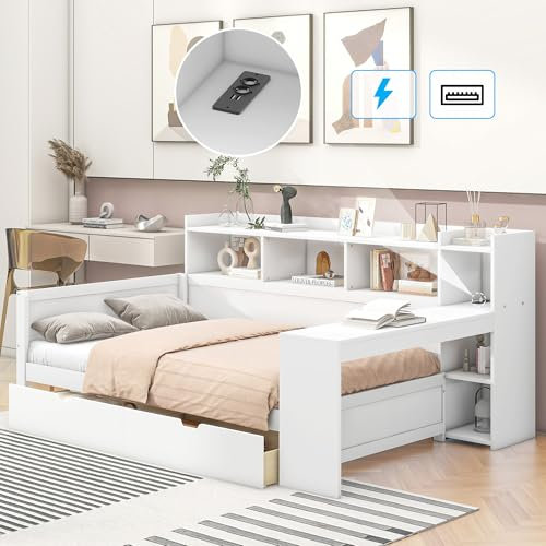 Lcoho Schlafsofa, Daybett, Tagesbett, 90 x 200 cm, Nachttischablage und Untertischablage, Bett mit Steckdose und USB-Anschluss, 2 Schubladen, Schreibtisch, ohne Matratze, Spanplatte (Weiß)