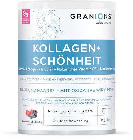 GRANIONS | Collagene Marino con Acido Ialuronico + BELLEZZA, 9g Collagene da bere in Polvere - 320 mg Vitamina C Naturale, Biotina e Enotera - Pelle Idratata e Capelli Forti - Aroma Frutti Rossi 260g