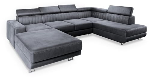 Masseno Ecksofa Siena R-S mit Schlaffunktion U-Form, Sofa mit Bettkasten, Wohnzimmersofa, Couch, Soffa, Bettsofa, Couchgarnitur- Grau, Monolith 85
