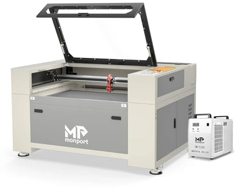 Monport 60W CO2 Laser Graviermaschine mit Wasser Kühler, 600x400mm Kommerzielle Lasergravierer mit Präzise Autofokus Ruida Kontrolle Integrierter Auspuff, CO2 Laser Cutter für Metall Silver Holz