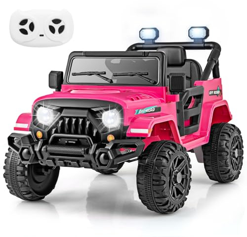 COSTWAY 12V Kids Ride on Car, 2 Motors Electric Off Road Truck with Remote Control, LED Lights, Music, Horn & Wireless Connection, Battery Powered Ride on Toy for Boys Girls (Rose Red)