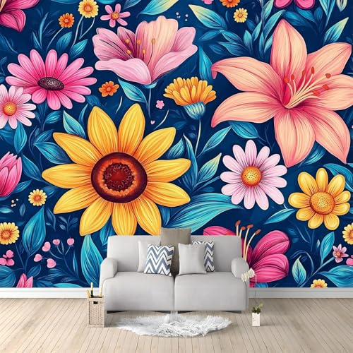 Fotomurale 3D Carta Da Parati Fiori Acquerellati Girasoli Gigli E Margherite Verde 300 x 210 cm Carta Da Parati Camera Letto Moderna Fotomurali Murales Poster Gigante Moda Decorazione Da Muro