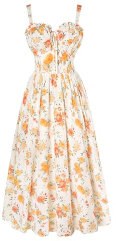 Scarlet darkness kvinnor sommar solklänning avslappnad A-linje ärmlös spagettirem blommig klänning för strand, Vit orange blommig, L