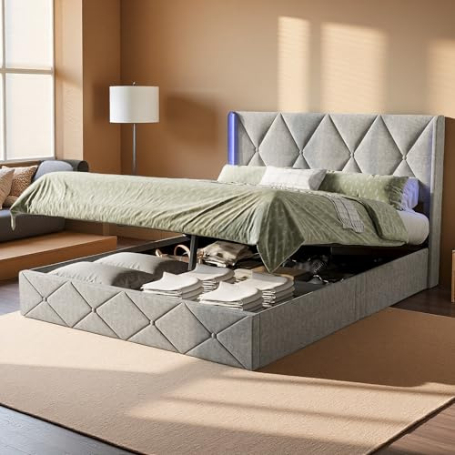 JYNVO Polsterbett 140x200 cm mit hydraulischem Stauraum und Lattenrost, Doppelbett mit LED-Beleuchtung, Eisgraues Flanellbett mit Stauraum, Modernes Schlafzimmerbett, ohne Matratze