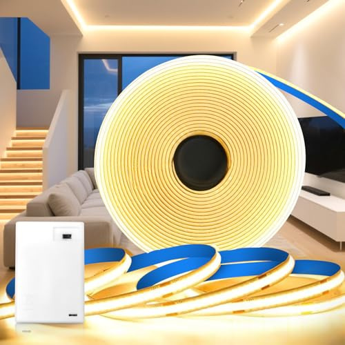 KSIBNW LED Streifen Batterie, 1M Lichterkette Batterie COB LED Strip Batteriebetrieben Warmweiß 3000K Lichtleiste LED Selbstklebend Indirekte Beleuchtung für Küche Vitrinen Treppen Bücherregal