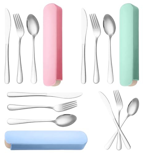 3 Sets Edelstahl Camping Besteck mit Etui, Tragbare Reisebesteck, Wiederverwendbares Camping Besteck Set mit Löffeln Gabeln und Messern für Schule Büro Picknick, 3 Farben