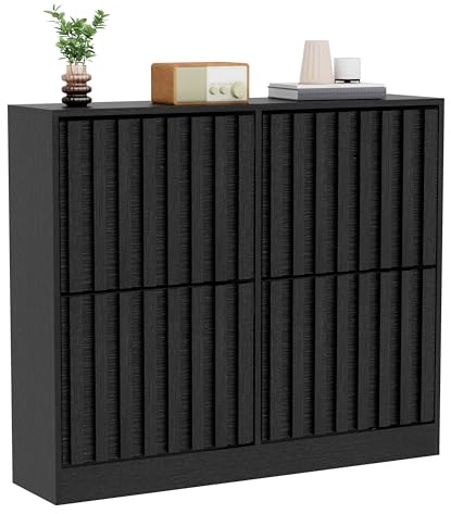 UEV Schuhschrank mit 4 Klappen Holz, Schuhregal Schmal (Schwarz) | Schuhkipper mit Kippschutz & verstellbaren Trennwände für Flur Eingang Wohnzimmer, Schuhkommode Flurkommode 102x24x86,5cm
