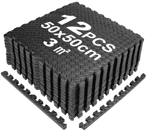 SROCHN 12PCS Bodenschutzmatten Puzzlematte 50X50X1cm mit Randstücken, 3㎡ rutschfest Eva Fitnessmatte Turnmatte Sportmatte Trainingsmatte (Schwarz)