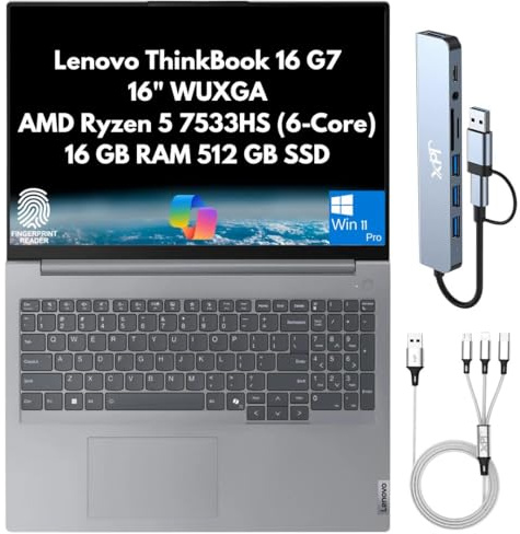 Lenovo ThinkBook 16 G7 Business Laptop 2026,16 WUXGA Display, AMD Ryzen 5 7533HS (Beats i7-1255U), 16GB DDR5 RAM, 512GB PCIe SSD, Wi-Fi 6, Bluetooth, RJ-45, Webcam, Fingerprint Reader, Copilot W11Pro