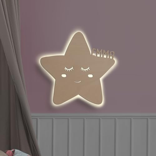 hellomini Personalisierbares LED-Nachtlicht mit Name für Kinder & Babys | Holz-Wandlampe | Schlummerlicht mit Motivwahl – Geschenk zur Geburt & Taufe (Stella der Stern)