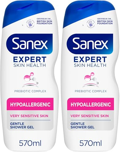 Sanex Expert Skin Health Hypoallergenic Shower Gel l 570ml, for Very Sensitive Skin, Sensitive Shower Gel, 12 Hour Hydration, Prebiotic & Postbiotic Complex, Dermatologically Tested, 0% Sulphates**