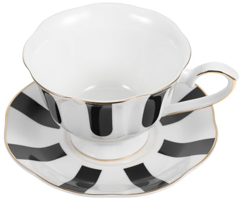 UKCOCO Juego de Taza de Café de Cerámica Negra con Rayas Blancas, Taza Vintage Pequeña para Beber Té con Platillo, Resistente a Altas Temperaturas, Adecuado para Hogar y Oficina