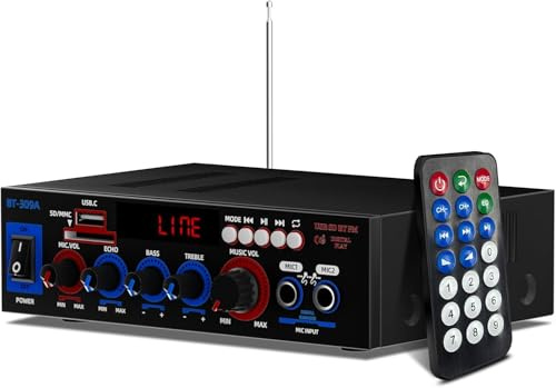 Amplificador de Audio Bluetooth 5.0 | 800W Pico Hi-Fi Estéreo | USB/SD/FM | Mini Potente 60W (30Wx2) | 2 Entradas MIC | Para PC, TV, Altavoces, Coche | Pequeño y Portátil