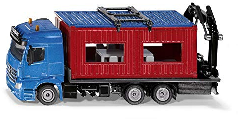 siku 3556, LKW mit Baucontainer, 1:50, Metall/Kunststoff, Blau/Rot, Inkl. Kran zum Abnehmen des Containers