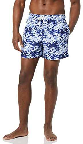 Amazon Essentials herr Badshorts med Nätinnerbyxa, 13cm Benlängd, Perfekta för Simning och Strand, Marinblå batik, 34