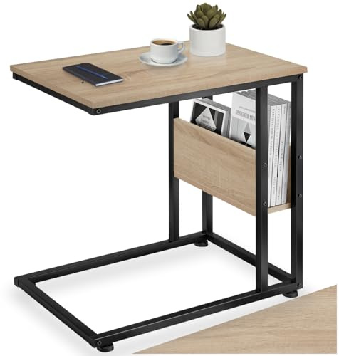 tectake® Beistelltisch Holz Metall, Wohnzimmertisch, Couchtisch C-Form, Laptoptisch für Couch, Betttisch, Sofatablett, Betttablett, Side Table, 55 x 36,5 x 60 cm - Industrial Holz hell, Eiche Sonoma