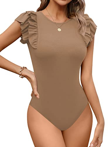 Missufe Short Sleeve Ribbed Bodysuit Tops Women's Summer Ruffle Flutter Sleeve Casual Bodysuit (Khaki, Small)