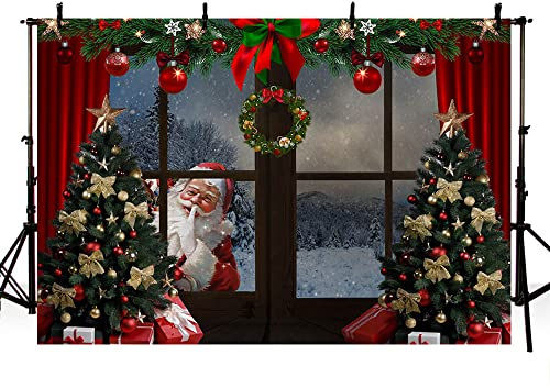MEHOFOND Toile de Fond pour Sapin de Noël - 2,4 x 1,8 m - Boîte Cadeau - Guirlande de Père Noël - Décoration de Studio Photo