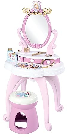 Smoby - Disney Princess specchiera 2 in 1, 7600320250, +3 anni, con sgabello, specchio girevole, da specchiera a tavolo, 10 accessori