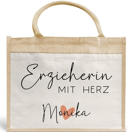 kleinebuchstaben Erzieherin mit Herz - Personalisierte Tasche Jute - Geschenk Juteasche Abschiedsgeschenk Schule Kindergarten - Beste Erzieherin Wunschtext
