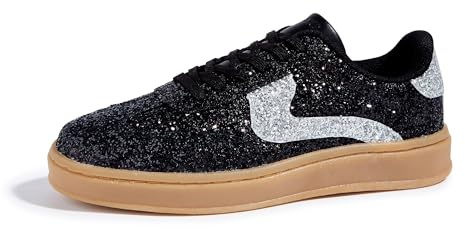 LUCKY STEP Women's Glitter Sneakers Fashion Retro Casual Sparkly Bling Shiny Dressy Bedazzled Bridal Wedding Anti Slip Walking Shoes (Black/Silver,8)