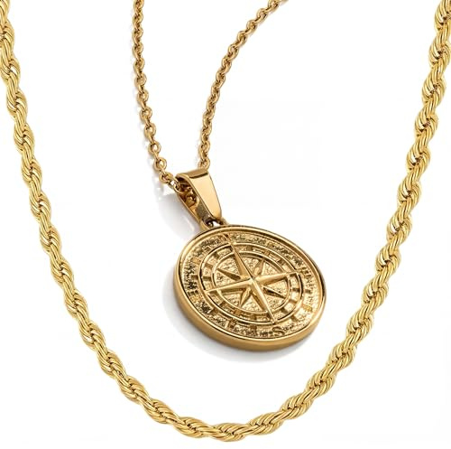 DVRK® Pack 2 Cadenas Hombre Bañadas en Oro 18k con Base de Acero Inoxidable 316L – Cadena Oro Hombre Estilo Cordón y Collar Brújula Resistentes al Agua y al Sudor - Regalo