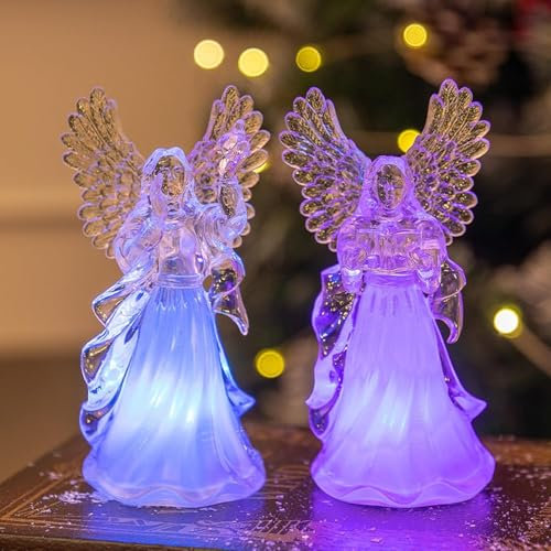 Decorazione Natalizia Angelo Con Luci LED Colorate Sfumate Trasparenti - Figura in Acrilico Luminosa per Festa di Natale (10 cm)