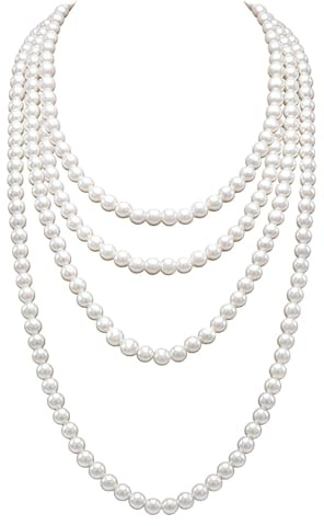 HPMAISON 2 Stücke Weiß Perlenkette 150 cm 1920er Gatsby Perlenkette Damen Fasching 20er Jahre Accessoires Charleston Künstliche Modeschmuck Kette Lang Kostüm für Damen Halskette Halloween Karneval