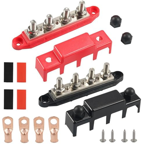 2 Pezzi Busbar Distribution Block, Blocco di Distribuzione Dell'alimentazione 12V-48V, Morsettiera di Distribuzione con 4 Viti m8, per Camper, Navi, Auto, Camper, Camion (Rosso, Nero)