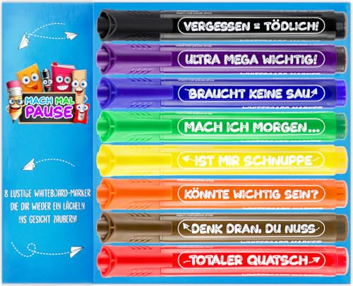 MACH MAL PAUSE - 8x Whiteboard Marker Stifte für SCHULE & BÜRO - Lustige Whiteboardmarker mit Rundspitze - das Zubehör Set für Whiteboards & Flipchart - Farben 100% rückstandsfrei abwischbar