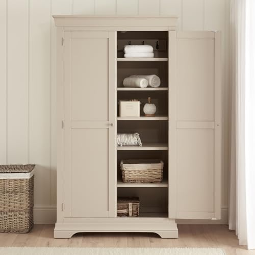 The Furniture Market Wilmslow Dove Grey Painted Double Shaker Linen Storage Cupboard | Solid Wood Tall Cabinet with Shelves & Drawers | Modern Rustic Bedroom, Hallway, Bathroom Storage Unit