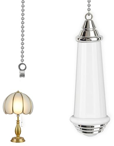 Ceramic Bathroom Light Pull Cord, Light Pull Handle Pull Cord Handle with 100cm Ball Chain Extension, Pull Cord Light Switch for Toilet Light Ceiling Blind Fan, Chrome Finish White Porcelain Handle