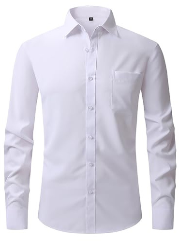 Youkly Mens Shirts Long Sleeve Stretch Dress Shirt Casual Business Formal Wedding Work Shirts Men Button Down White Black Shirts (UK, Alpha, L, Regular, Regular, White)
