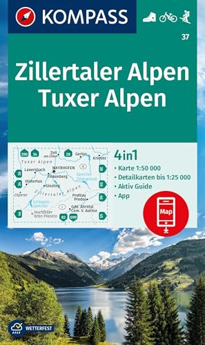 KOMPASS Wanderkarte 37 Zillertaler Alpen, Tuxer Alpen 1:25.000: 4in1 Wanderkarte , mit Aktiv Guide und Detailkarten inklusive Karte zur offline Verwendung in der KOMPASS-App. Fahrradfahren. Skitouren.