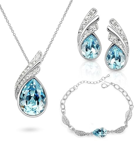 Crystalline Azuria Mujer 18ct Chapado en Oro Blanco Lágrimas Cristales Azul Aguamarina simulada Juego de joyas Collar Pendientes Pulsera para Mujer Niña Boda Novia y Dama de honor