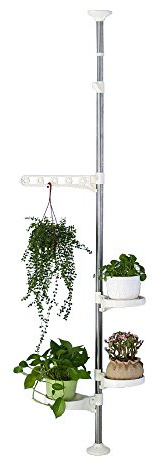BAOYOUNI 4 Ebenen Teleskop Pflanzenregal Innen Blumenregal Pflanztreppe Blumentreppe Regal Höhenverstellbar Teleskopstange aus Metall mit 3 Topflappen und 1Haken, Elfenbein