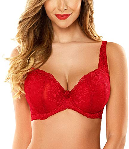 VIVISENCE 1033 Damen Bügel BH Minimizer Spitze Gepolstert Unterwäsche Dirndl-BH, Rot,75B
