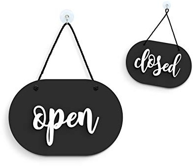 SIGNS | óvalo Shabby Chic negro - Open Closed - Cartel doble cara [OC40] - Placa de la puerta colgante de doble cara - Letrero de la tienda comercial reversible
