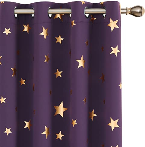 Deconovo Super Soft Blackout Curtains, Eyelet Thermal Insulated Noise Reducing Curtains, Gold Star Foil Printed Curtains for Living Room, 46 x 90 Inch(Width x Length), Purple Grape, 2 Panels